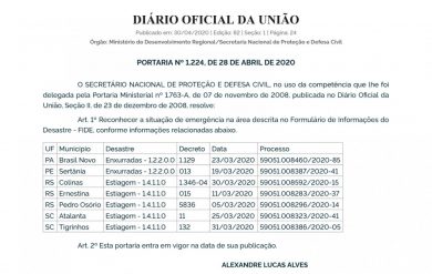 Portaria reconhece Situação de Emergência em Ernestina