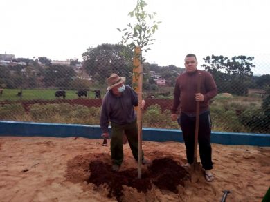 Seu Attilio e o neto Leonardo "adotaram" o Parque Infantil da Cohab