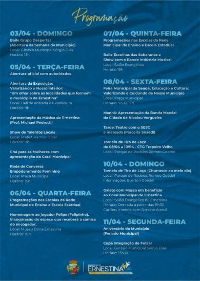 Prefeitura lança programação oficial do aniversário de Ernestina