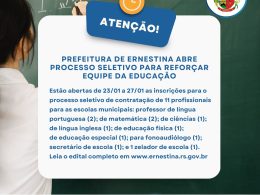 Prefeitura de Ernestina abre processo seletivo para profissionais para escolas municipais