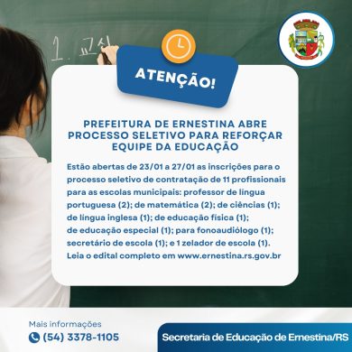 Prefeitura de Ernestina abre processo seletivo para profissionais para escolas municipais