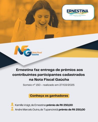 Prefeitura de Ernestina premia contribuintes participantes da Nota Fiscal Gaúcha