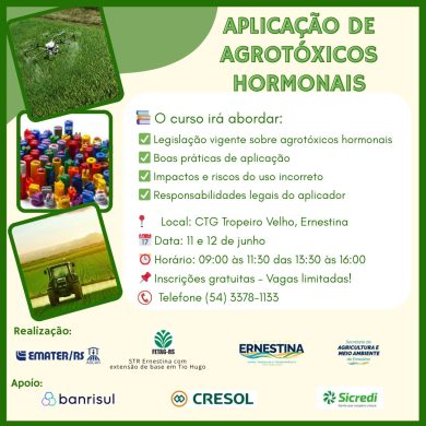 Ernestina promoverá curso gratuito sobre aplicação de agrotóxicos hormonais