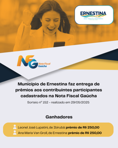 Município de Ernestina faz entrega de prêmios aos contribuintes participantes cadastrados na Nota Fiscal Gaúcha