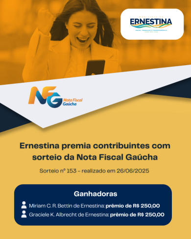 Ernestina premia contribuintes com sorteio da Nota Fiscal Gaúcha