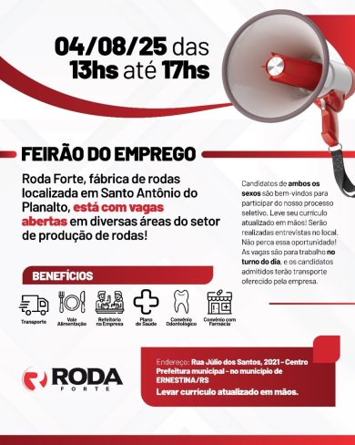 Feirão do Emprego oferece vagas na empresa Roda Forte