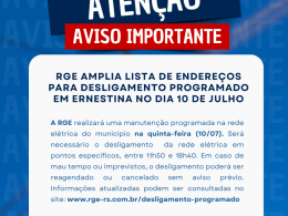 RGE amplia lista de endereços para desligamento programado em Ernestina no dia 10 de julho