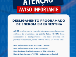 RGE comunica desligamento programado de energia em Ernestina no dia 10 de julho