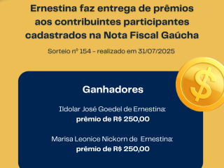 Ernestina faz entrega de prêmios aos contribuintes participantes cadastrados na Nota Fiscal Gaúcha