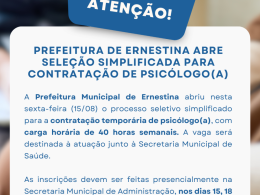 Prefeitura de Ernestina abre seleção simplificada para contratação de psicólogo(a)