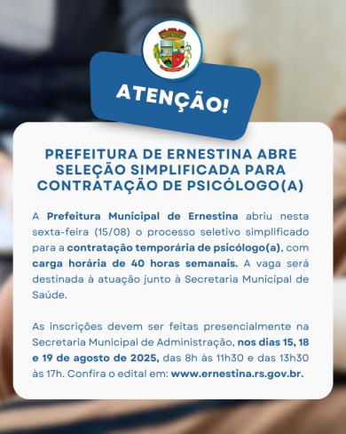 Prefeitura de Ernestina abre seleção simplificada para contratação de psicólogo(a)