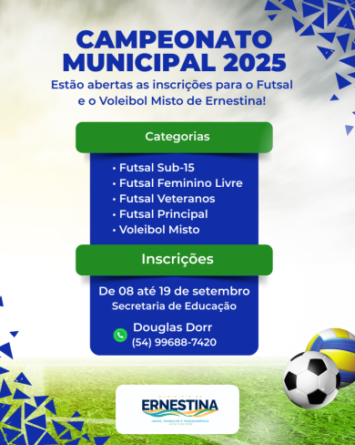 Estão abertas as inscrições para o Campeonato Municipal de Futsal e Voleibol Misto de Ernestina
