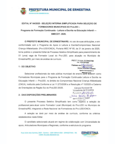 Edital Nº 64/2025 – SELEÇÃO INTERNA SIMPLIFICADA PARA SELEÇÃO DE FORMADORES MUNICIPAIS DO ProLEEI