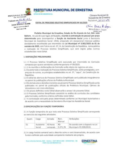 Edital Nº 65/2025 – PROCESSO SELETIVO SIMPLIFICADO