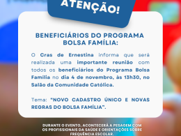 CRAS de Ernestina convida beneficiários do Bolsa Família para reunião no dia 4 de novembro