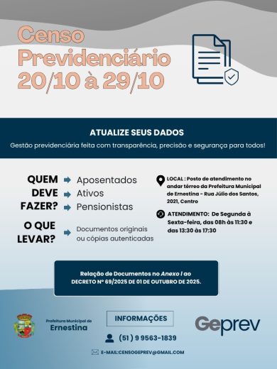 Prefeitura de Ernestina convoca servidores para o Censo Previdenciário 2025
