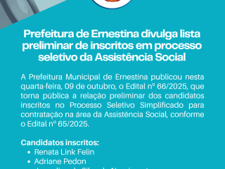 Prefeitura de Ernestina divulga lista preliminar de inscritos em processo seletivo da Assistência Social