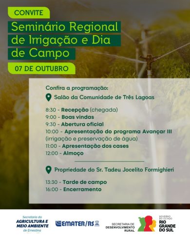 Seminário Regional de Irrigação e Dia de Campo será realizado em Ernestina