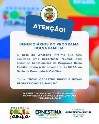 Reunião do Bolsa Família será realizada nesta terça-feira (04/11)
