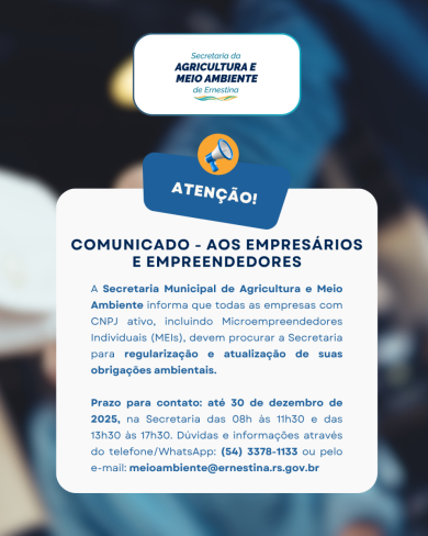 COMUNICADO – Aos empresários e empreendedores de Ernestina