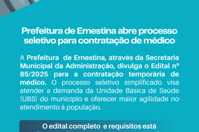 Prefeitura de Ernestina abre processo seletivo para contratação de médico