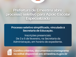 Prefeitura de Ernestina abre processo seletivo para Apoio Escolar Especializado