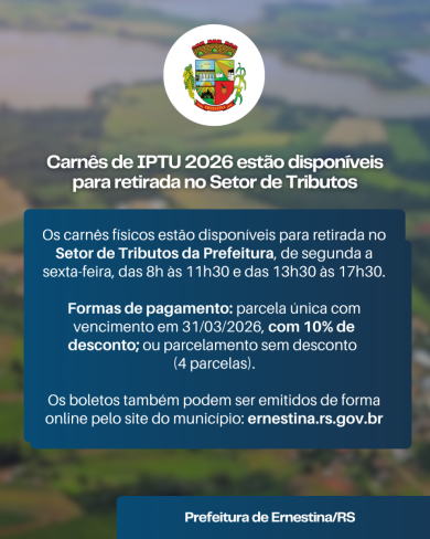 Carnês de IPTU 2026 estão disponíveis para retirada no Setor de Tributos 
