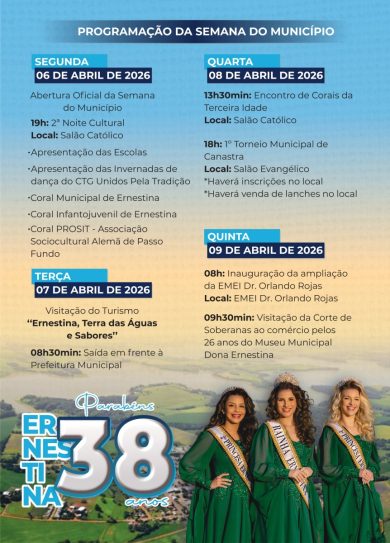 Ernestina comemora seus 38 anos de emancipação político-administrativa; confira a programação no município