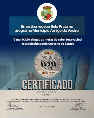 Ernestina recebe Selo Prata no programa Município Amigo da Vacina