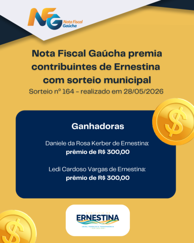 Nota Fiscal Gaúcha premia contribuintes de Ernestina com sorteio municipal