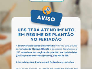 UBS terá atendimento em regime de plantão no feriadão