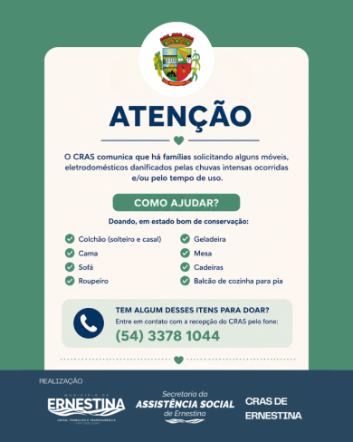 Cras de Ernestina mobiliza doações para famílias