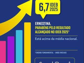 Ernestina alcança 6,7 no Ideb nos anos iniciais e mantém foco na melhoria da aprendizagem 
