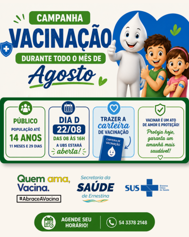 Secretaria da Saúde de Ernestina promove campanha de vacinação durante o mês de agosto